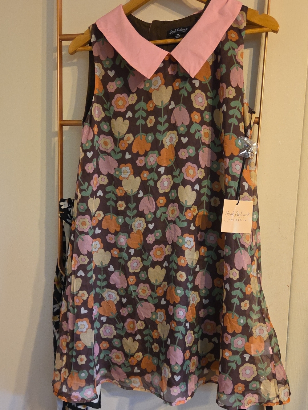 Smak Parlour Unique Vintage Retro Floral Shift Dress with Pink Collar